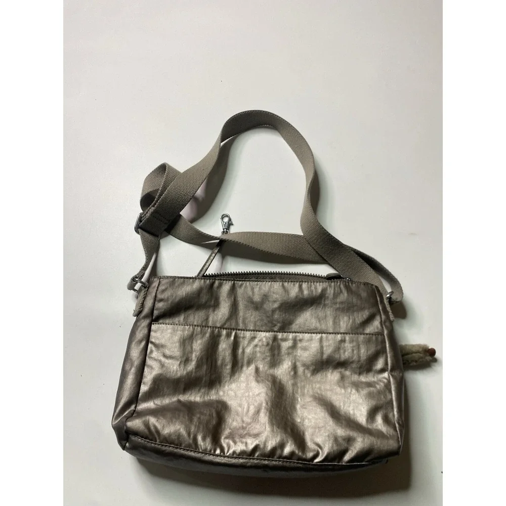 Kipling Metallic Bronze Nylon Crossbody Bag with Monkey Keychain Travel Purse